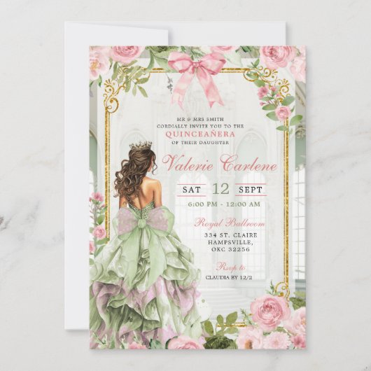 Coquette Bow Ballroom Sage Blush Pink Quinceanera Kaart (Voorkant)