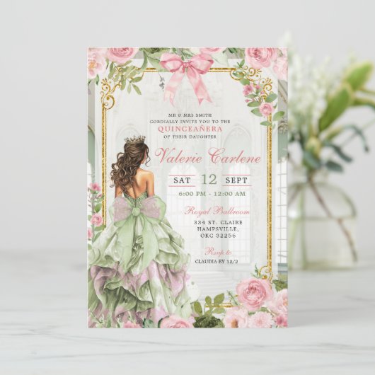 Coquette Bow Ballroom Sage Blush Pink Quinceanera Kaart (Staand voorkant)