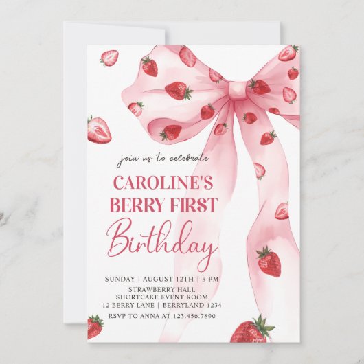 Coquette Bow Berry eerste aardbeien 1e verjaardag Kaart (Voorkant)