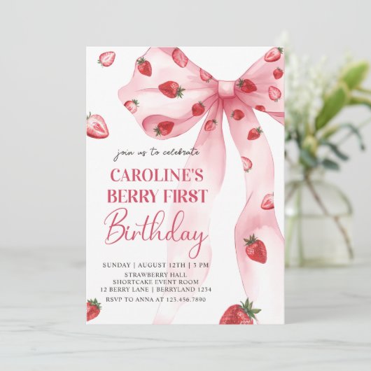 Coquette Bow Berry eerste aardbeien 1e verjaardag Kaart (Staand voorkant)