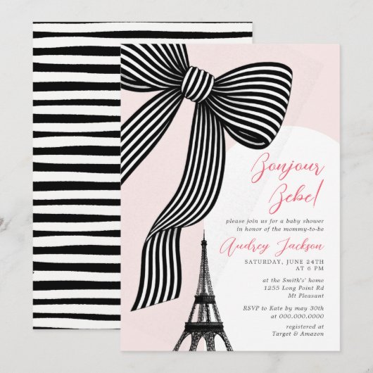 Coquette Bow Bonjour Bébé Parisian Baby Shower Kaart (Voorkant / Achterkant)