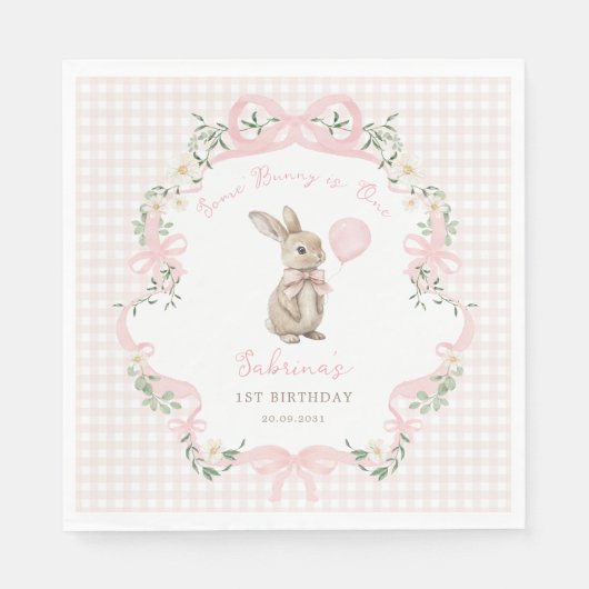 Coquette Bow Bunny Pink Gingham 1st Birthday Servet (Voorkant)