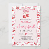 Coquette Bow Cherry eerste 1e verjaardag uitnodigi Kaart (Voorkant)