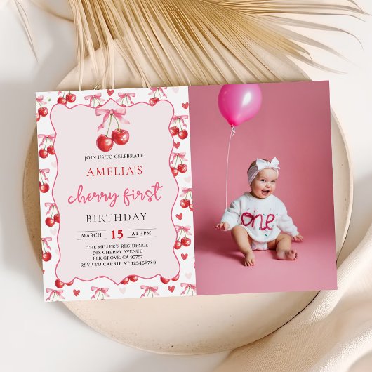Coquette Bow Cherry Eerste Verjaardag Foto Kaart
