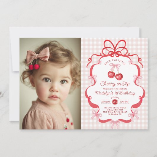Coquette Bow Cherry First 1st Birthday Photo Kaart (Voorkant)