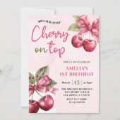 Coquette Bow Cherry op Top 1st Birthday Invitation Kaart (Voorkant)