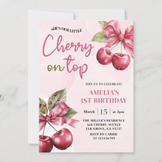 Coquette Bow Cherry op Top 1st Birthday Invitation Kaart (Voorkant)