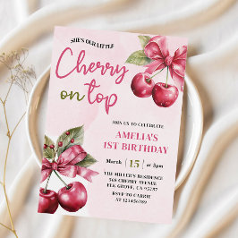 Coquette Bow Cherry op Top 1st Birthday Invitation Kaart