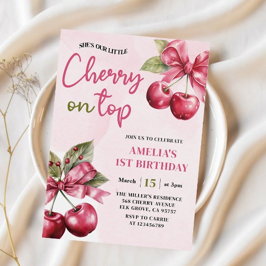 Coquette Bow Cherry op Top 1st Birthday Invitation Kaart