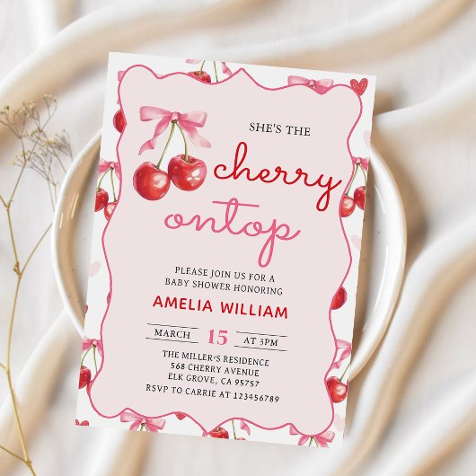 Coquette Bow Cherry op Top Baby shower Invitation Kaart