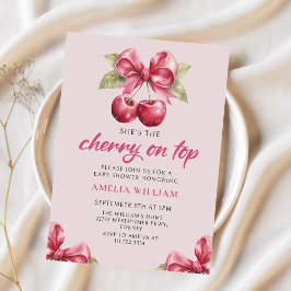 Coquette Bow Cherry op Top Baby shower Invitation Kaart