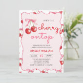 Coquette Bow Cherry op Top Baby shower Invitation Kaart (Staand voorkant)
