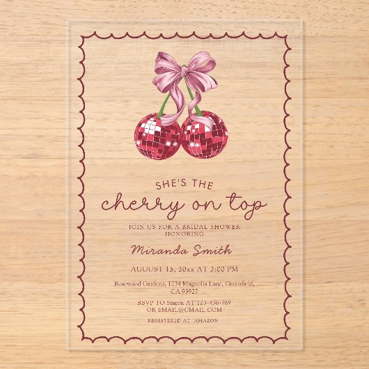 Coquette Bow Cherry op Top Vrijgezellenfeest Acryl Uitnodigingen (Voorkant)