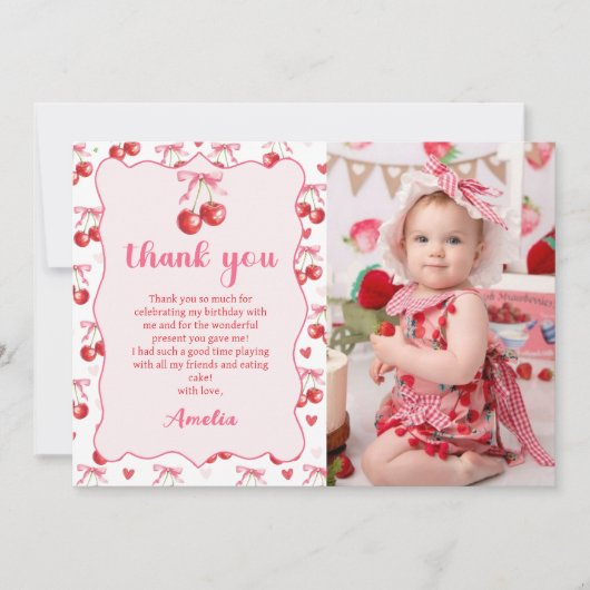 Coquette Bow Cherry Verjaardagsfoto Dank u kaart (Voorkant)