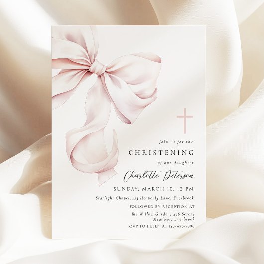 Coquette Bow Christening Invitation Kaart