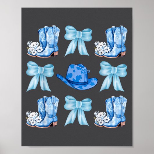 Coquette Bow Cowgirl Boots Blue Bows Hat Western R Poster (Voorkant)