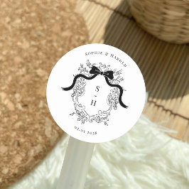Coquette Bow Crest Monogram Franse bruiloft Ronde Sticker