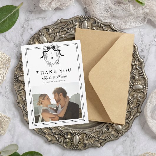 Coquette Bow Crest Monogram Franse Vintage Huwelij Bedankkaart