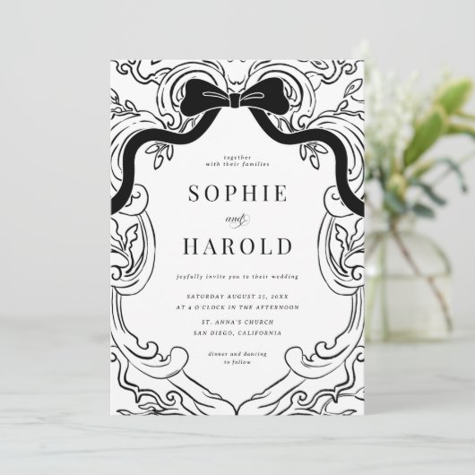 Coquette Bow Crest Monogram Huwelijk Kaart (Staand voorkant)