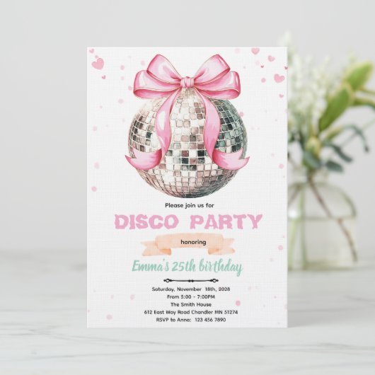 Coquette Bow Disco Party Invitation Kaart (Staand voorkant)