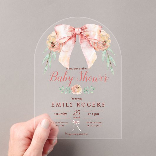 Coquette Bow Floral Baby shower Acryl Uitnodigingen (Insitu (Draagbaar))