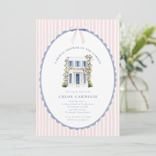Coquette Bow Garden Manor Bridal Shower Invitation Kaart (Staand voorkant)