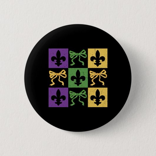 Coquette Bow Geruite Fleur de Lis Mardi Gras Auto Ronde Button 5,7 Cm (Voorkant)