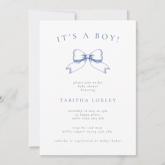  Coquette Bow Het is een jongensblauw Baby shower Kaart (Voorkant)