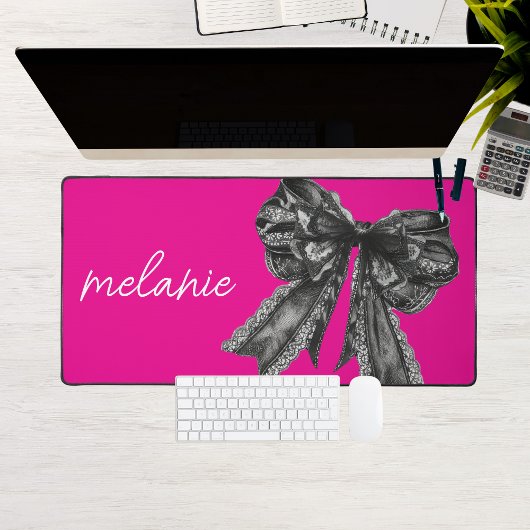 Coquette Bow Hot Pink Black Lace Aangepaste naam Bureaumat