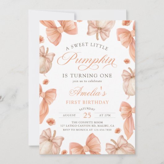 Coquette Bow Little Pumpkin Verjaardag Uitnodiging (Voorkant)