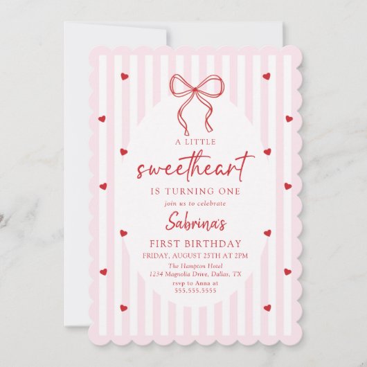 Coquette Bow Little Sweetheart Birthday Invitation Kaart (Voorkant)