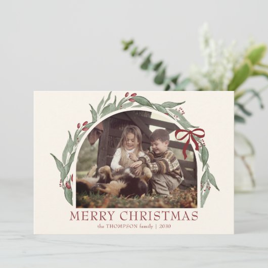 Coquette Bow Merry Christmas Gepersonaliseerde fot Feestdagenkaart (Staand voorkant)