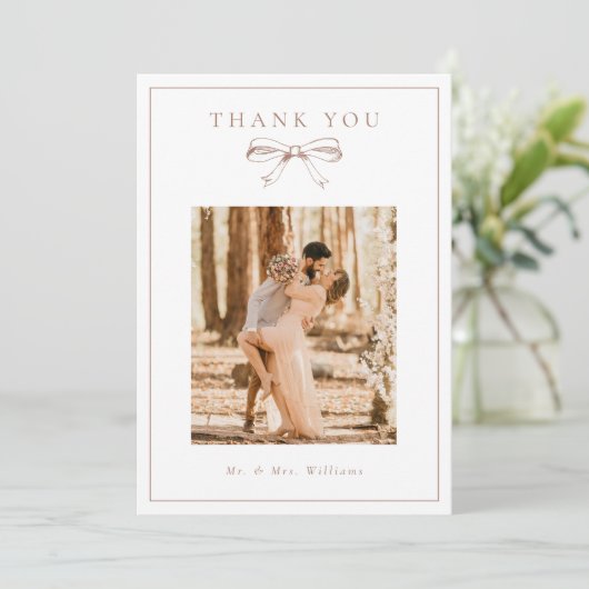 Coquette Bow Mocha Foto Flat Wedding Bedankkaart (Staand voorkant)