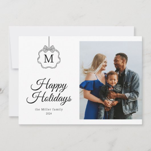 Coquette Bow Monogram Initiaal Foto Kerst Feestdagenkaart (Voorkant)