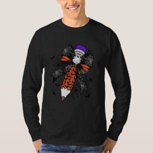Coquette Bow Pencil Funny Ghost Spooky Teacher Hal T-shirt