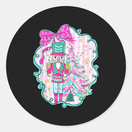 Coquette Bow Pink Nutcracker Christmas Holiday Mer Ronde Sticker (Voorkant)