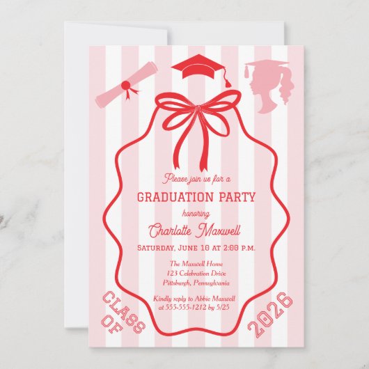 Coquette Bow | Pink Stripes Graduation Party Kaart (Voorkant)