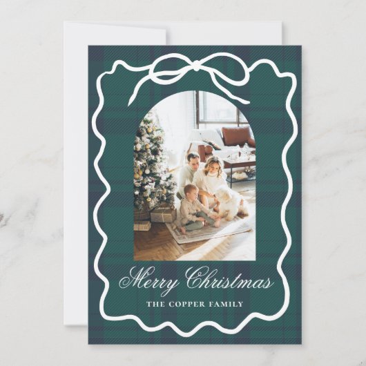 Coquette Bow  Plaid Foto Kerst Feestdagenkaart (Voorkant)