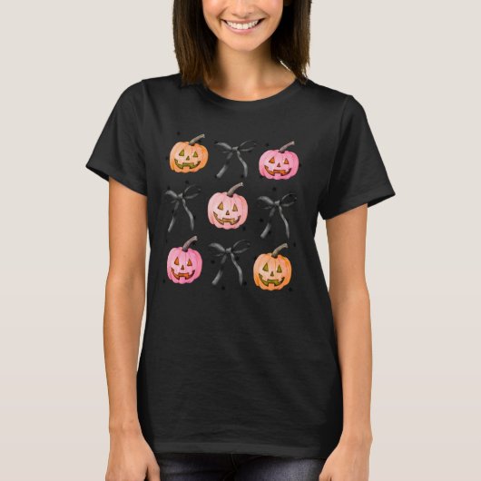 Coquette Bow Pumpkin Jack O Lantern Spooky Season T-shirt (Voorkant)