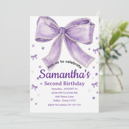 Coquette Bow Purple Birthday Party Invitation Kaart (Staand voorkant)