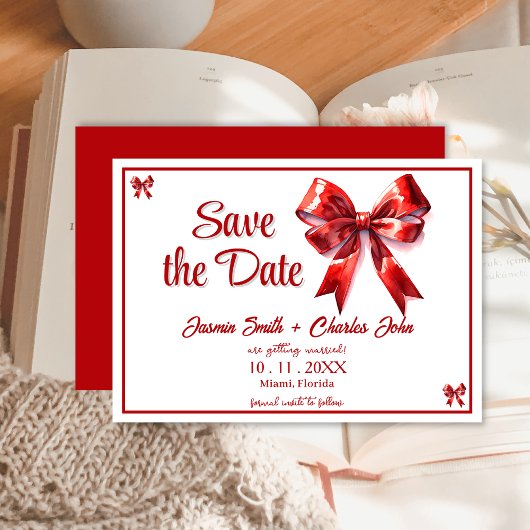 Coquette Bow Red Wedding Save the Date Kaart