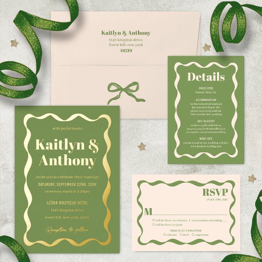 Coquette Bow Retro Wedding Echt Folie Uitnodiging