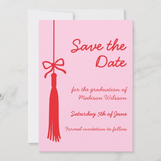 Coquette Bow Roze & Rode Klasse van 2025 Afstudere Save The Date (Voorkant)