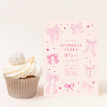 Coquette Bow Roze Verjaardagsfeest Kaart<br><div class="desc">Schattigee en coquette verjaardagsfeest uitnodigingskaart met illustratie van roze strikken en harten.</div>