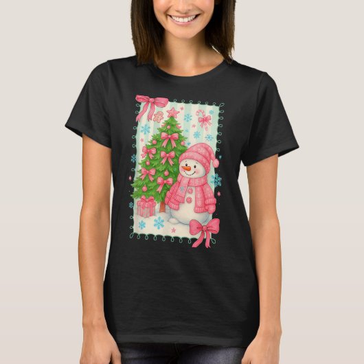 Coquette Bow Snowman Nk Christmas Tree Funny Xmas  T-shirt (Voorkant)
