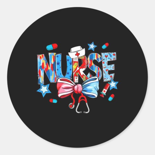 Coquette Bow Stethoscoop Nurse 4 juli Nursing Ronde Sticker (Voorkant)