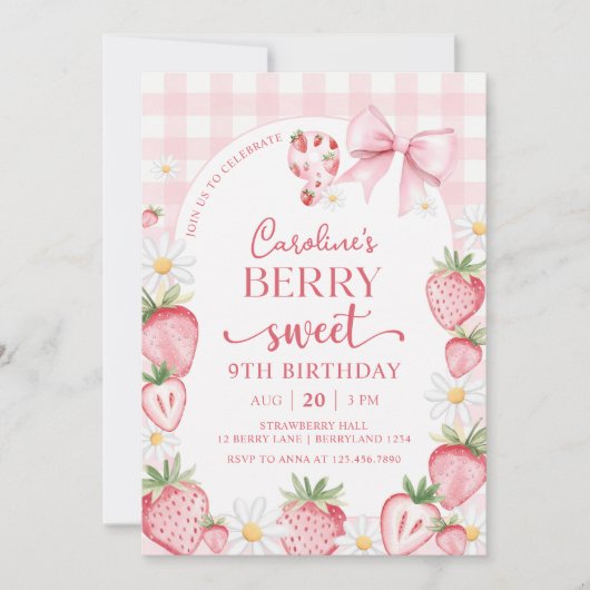 Coquette Bow Strawberry 9th Birthday Invitation Kaart (Voorkant)