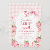 Coquette Bow Strawberry 9th Birthday Invitation Kaart (Voorkant / Achterkant)