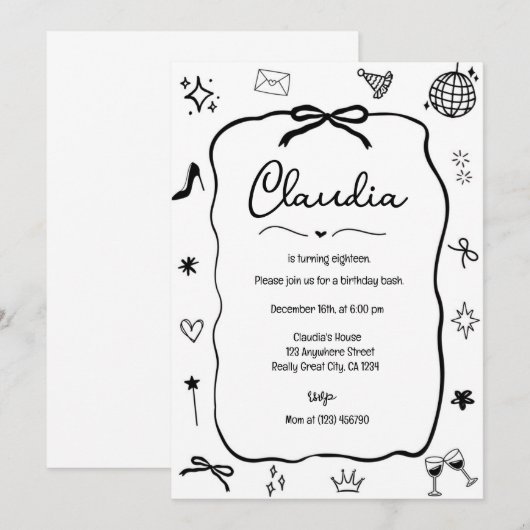 Coquette Bow verjaardagsuitnodiging grillige parti Kaart (Voorkant / Achterkant)