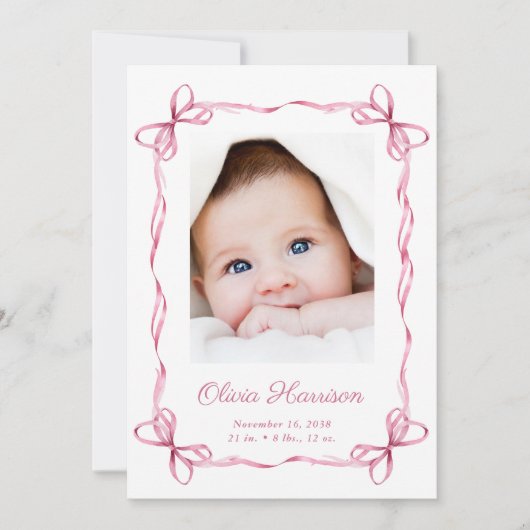 Coquette Bows Baby Meisje Foto Geboorte Aankondiging (Voorkant)